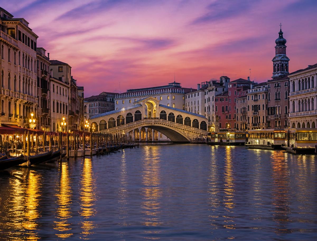Ponte de Rialto em Veneza ao anoitecer
